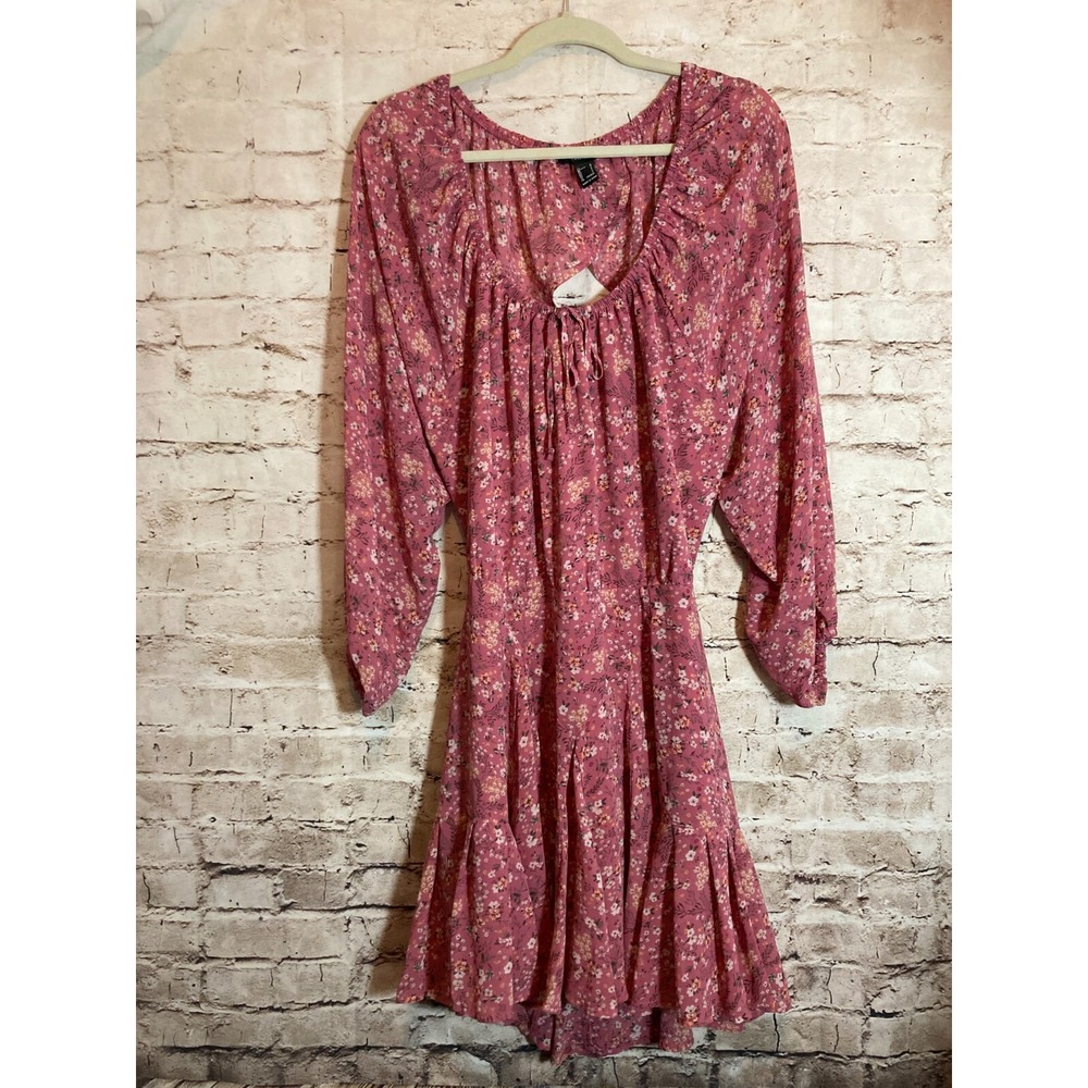 Forever 21 Dress Womens Large Pink Micro Floral Open Back Boho Hippie Cottage